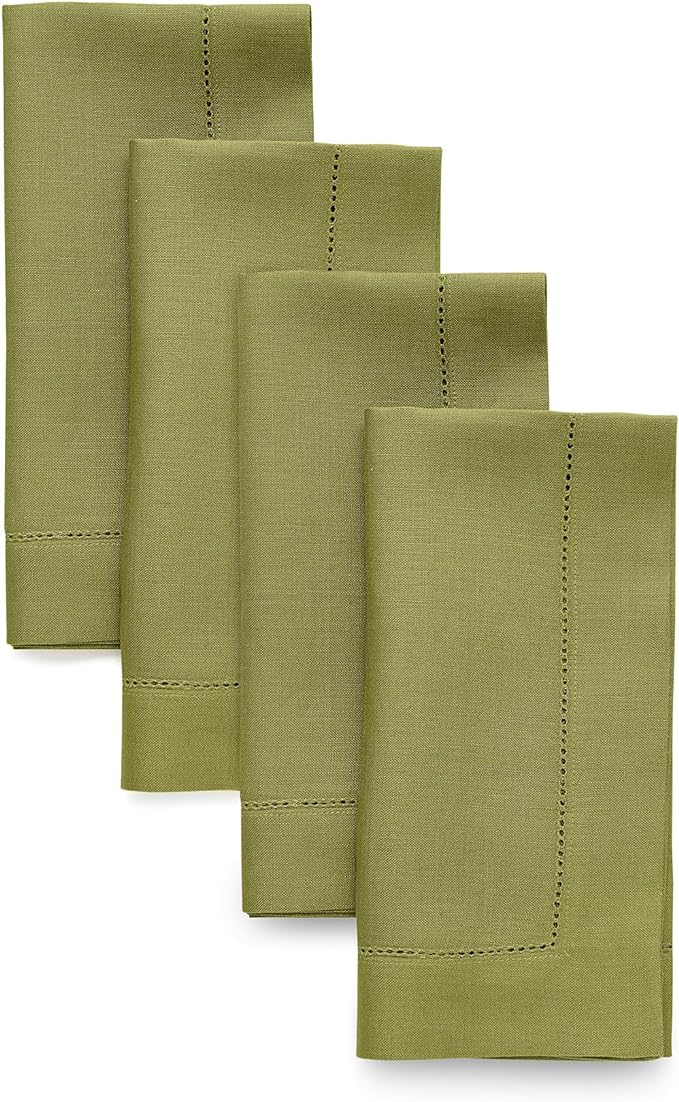 Solino Home Linen Napkins Set of 4 - Classic Hemstitch 100% Pure Linen Avocado Green Dinner Napkins Cloth 20 x 20 Inch for Winter, Spring, Easter, St Patricks Day - Handcrafted and Machine Washable