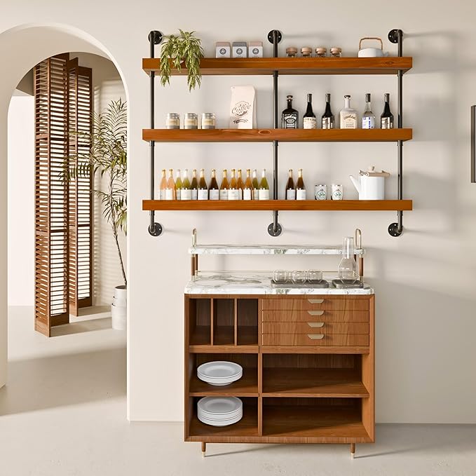 Industrial Wine Rack Wall Mounted, Solid Wood Shelf with Metal Pipe Brackets, 3-Tier Rustic Hanging Organizer for Wine Bottle Storage in Kitchen, Bar, Pub, Cellar(Walnut Brown, 60 Inch)