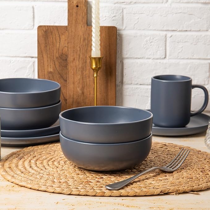 Furrnook 12-Piece Stoneware Dinnerware Set with Mugs | Microwave and Dishwasher Friendly | Stackable Matte Glaze Plates & Bowls | Service for 3 (Blue for 3)