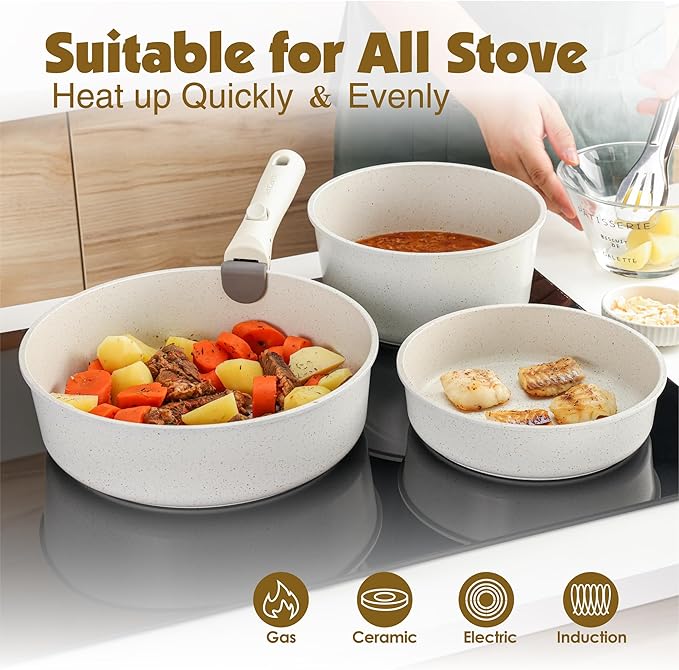 SENSARTE 24 Piece Pots and Pans Set, Nonstick Detachable Handle Cookware, Induction Kitchen Cookware Set with Removable Handle, Healthy Non Stick for RV, Dishwasher 竊?Oven Safe (White)