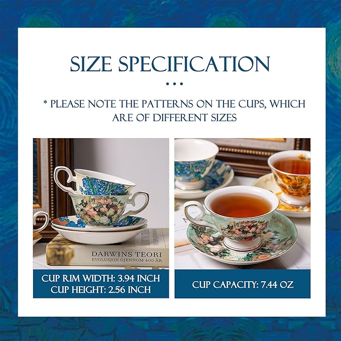 Van Gogh Bone China Set of 6 Cups and Saucers With Rack, Coffee Cup and Saucer Set With Gift Box, 7.4-Ounce Art Coffee Mugs Set - Perfect Birthday/Holiday/Wedding Gift