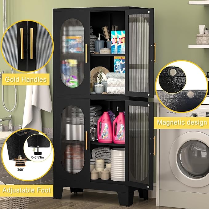 Pantry Cabinet, 61" with Acrylic Glass Doors and Adjustable Shelves, Metal Kitchen Cabinet for Multiple Rooms