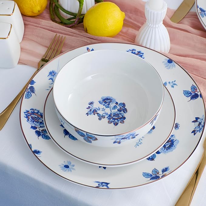 Stone Lain Viola 24-Piece Dinnerware Set Porcelain, Plates and Bowls Set, Dish Set for 8, Microwave and dishwasher Safe, Blue