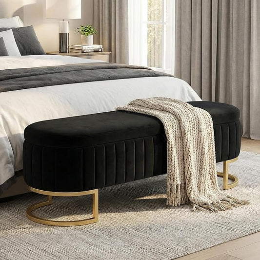 VIROL 51 Inch Storage Ottoman Bench Velvet End of Bed Storage Bench King Size Upholstered Tufted Bench Large Space for Bedroom Living Room Entryway Black