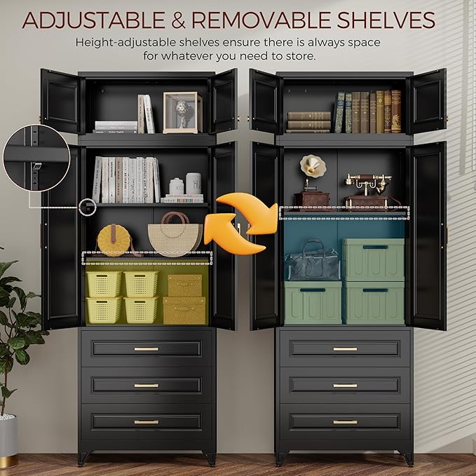 Metal Storage Cabinet, 90" Black Pantry Cabinet with 4 Doors and 4 Adjustable Shelves, Tall Cabinets with 3 Drawers for Dinning Living Room and Dining Room
