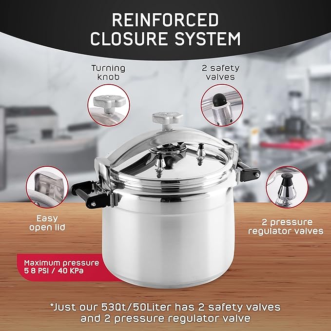 Universal (Extra Large) 53-Quart Aluminum Pressure Cooker for Professional Use ??Commercial-Grade, 2 Safety Valves, Reinforced Handles, Easy-Open Lid, ??Ideal for Large Kitchens, and Restaurants