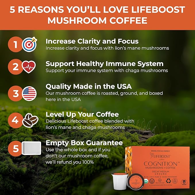 Lifeboost Cognition Decaf Mushroom Coffee Pods ??Organic Low Acid Decaf K-Cups with Lion?셲 Mane & Chaga Adaptogens ??Nootropic Coffee for Focus, Energy & Immune Support ??10 Count