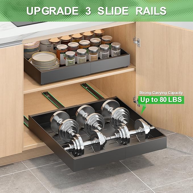 Expandable Pull-Out Cabinet Organizer - Black, 21" D x Adjustable Width 12.6-20.47", No Drill Adhesive Installation with 3-Slide Rails for Kitchen Storage (2 Pack)