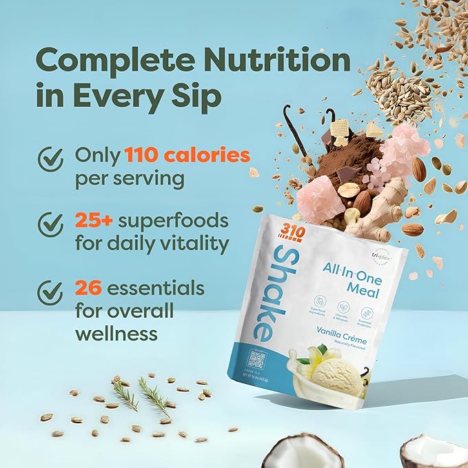 310 Nutrition All-In-One Meal Replacement Shake Powder - Plant-Based Protein Smoothie Blend w/High Fiber, Probiotics & Adaptogens - Low Carb, Vegan, Keto & Paleo Friendly - Vanilla Creme - 28 Srv