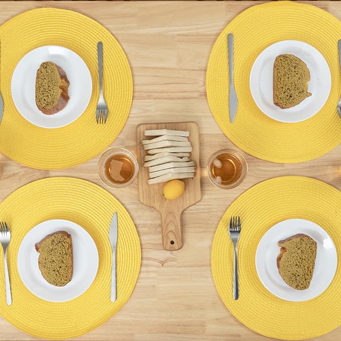 Winknowl Round Braided Placemats Set of 4 Washable Woven Heat Resistant Table Mats for Kitchen Dining Tables 15 inch Round Place Mats (Yellow,4pcs)