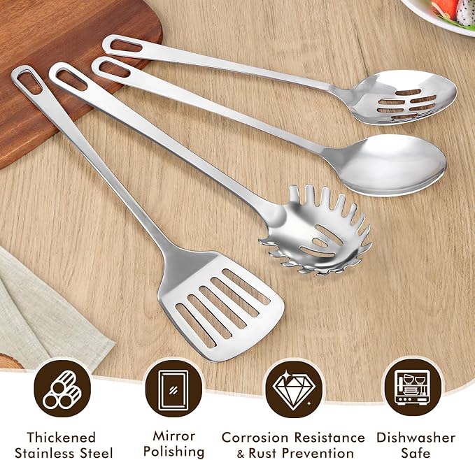 3 Pcs Stainless Steel Cooking Utensils Set, Heat Resistant Kitchen Utensils, Metal Kitchen Tools Include Solid & Slotted Spoon, Pasta Server, Ergonomic Handle, Dishwasher Safe, Easy to Clean, Silver