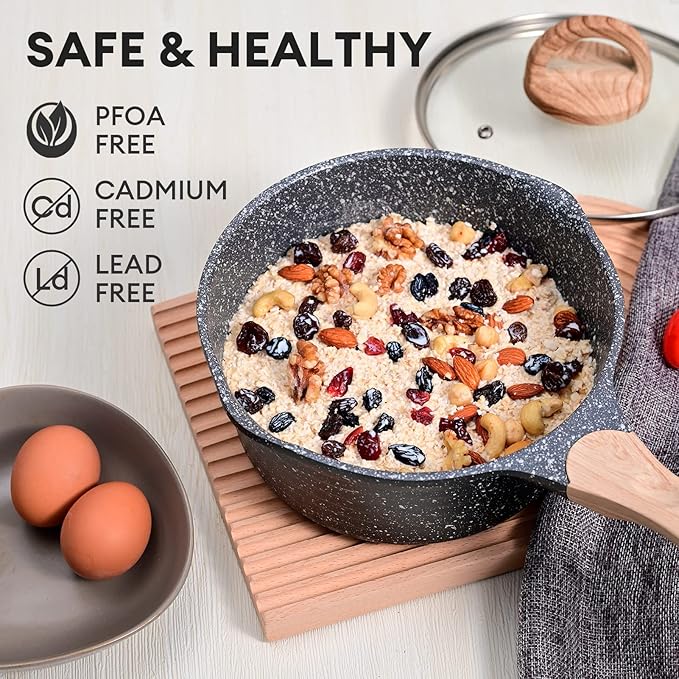 JEETEE Sauce Pan with Lid, Non Stick Small Pot with Coating, Masterclass Cookware Sauce Pot for Cooking, PFOA/PFOS Free Gray 2.0 QT