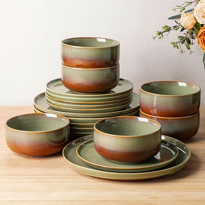 TheTerra Ceramic Dinnerware Sets, Handmade Reactive Glaze Plates and Bowls Set, Scratch Resistant Dish Set, Oven & Microwave & Dishwasher Safe, Service for 6, Sage Umber