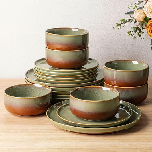 TheTerra Ceramic Dinnerware Sets, Handmade Reactive Glaze Plates and Bowls Set, Scratch Resistant Dish Set, Oven & Microwave & Dishwasher Safe, Service for 6, Sage Umber