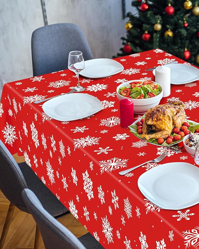 4 PACK Snowflake Tablecloths, 54" x 108" Holiday Party Decor, Red Snowflakes Tablecloth Xmas Plastic Tablecloth Disposable Table Cloth Rectangle Tablecover, Winter Decorations Holiday Party Supplies
