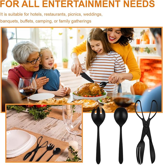 18 Pcs Plastic Serving Utensils 9" Disposable Utensils Set Includes Spoons Serving Forks Tongs for Birthday Wedding Parties Buffet Cutlery Food (Black)