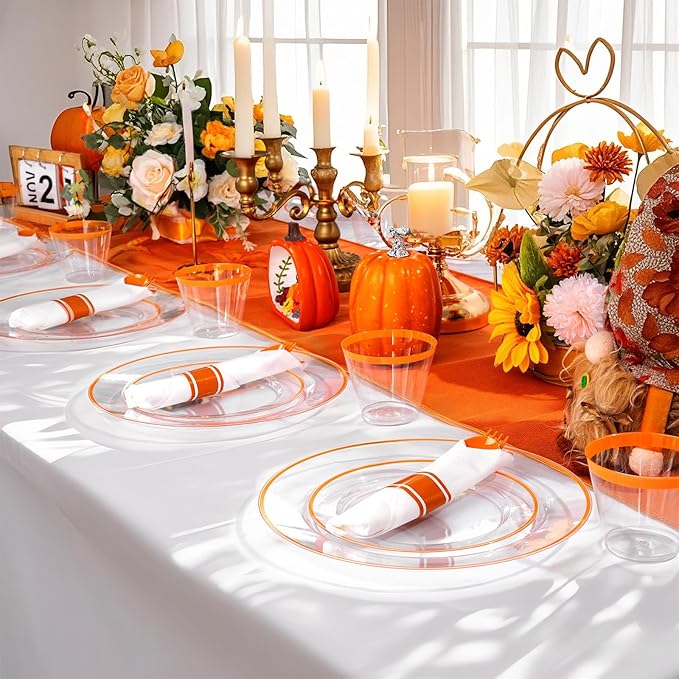 SUT 175Pcs Orange and Clear Plastic Dinnerware Set for 25 Guests, Include: 25 Dinner Plate, 25 Dessert Plates, 25 Pre Rolled Napkins With Silverware, 25 Cups, Disposable Plates for Party