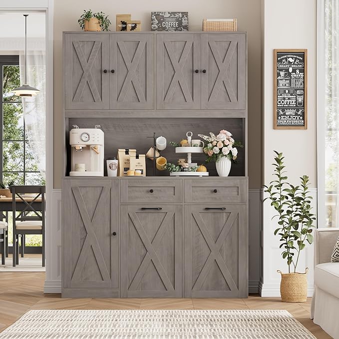 HOSTACK 71" H Kitchen Trash Can Cabinet, 12.5 Gallon Double Pull Out Garbage Can Hutch Cabinet with Trash Bin Storage Holders, 47" Wide Kitchen Pantry with Hidden Garbage Storage, Ash Grey