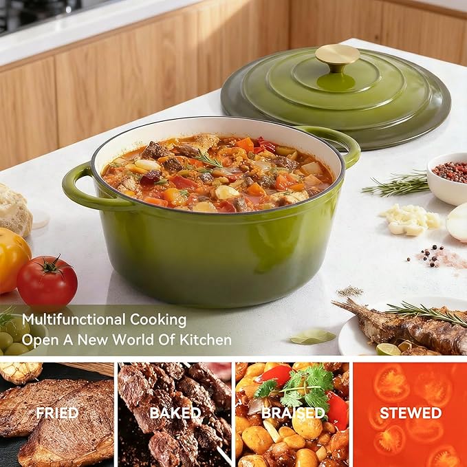 Miereirl 4.5 Quart Enameled Dutch Oven Pot with Lid, Cast Iron Dutch Oven with Dual Handles for Bread Baking, Cooking, Non-stick Enamel Coated Cookware, Golden Green
