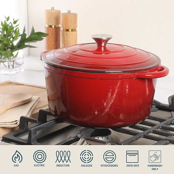 Gibson Home Addlestone 7 Qt Enameled Cast Iron Dutch Oven Pot with Lid ??Round, Oven Safe to 500째F, Ideal for Bread Baking & Stews - Gradient Red