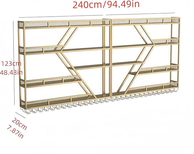 Modern Wall Mounted Wine Rack w/LED Light, Metal Wall Bar Shelves Wall Mounted w/Glass Holder, Large Liquor Shelf for Liquor Bottles for Home Bar & Dining Room(Gold-Yellow Led,4Tier-94in)