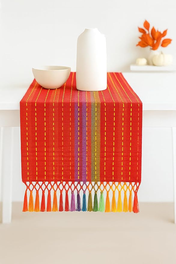 PurpleEssences Table Runner - Wide with Dobby Stripe, Heavy Ribbed Weave & Double Knot Fringes, 14x90 Inch (14x95.5 with Fringes) Boho Farmhouse Decor - Christmas Holiday Winter - Spice