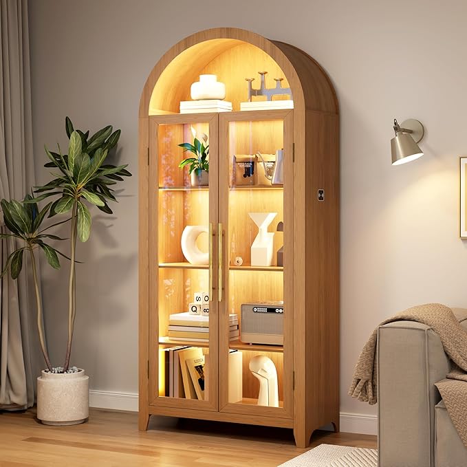 Arch Storage Cabinet with Tempered Glass Door, 71??Arched Display Floor Cabinet, 5 Tier Farmhouse Buffet with Storage for Dining Room, Living Room, Home Office or Kitchen(Oak)