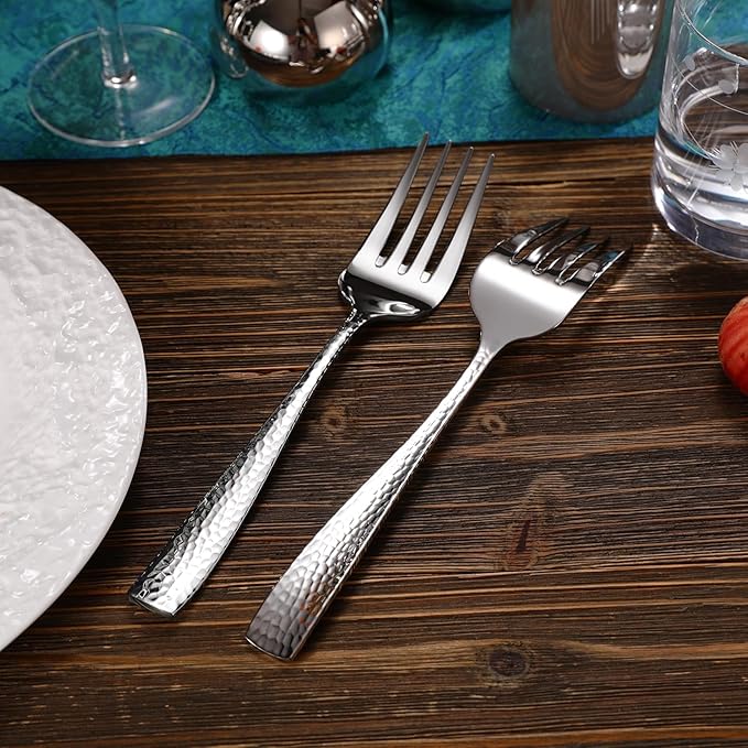 KEAWELL Premium Louis Hammered Table Utensils, 18/10 Stainless Steel, Squared Edge, Mirror Finish, Dishwasher Safe (Serving Forks, Set of 2)