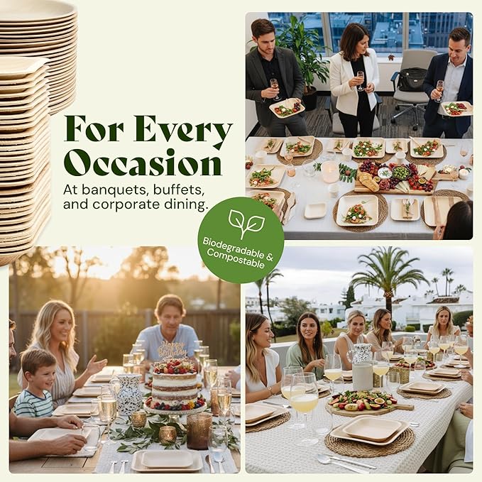 Chic Leaf Disposable Palm Leaf Plates - 50 Count, 8" Square, Christmas Meal - Bamboo Plates, Biodegradable & Compostable - Microwave Safe & Heavy Duty - Event & Party Supplies - Wedding Decor