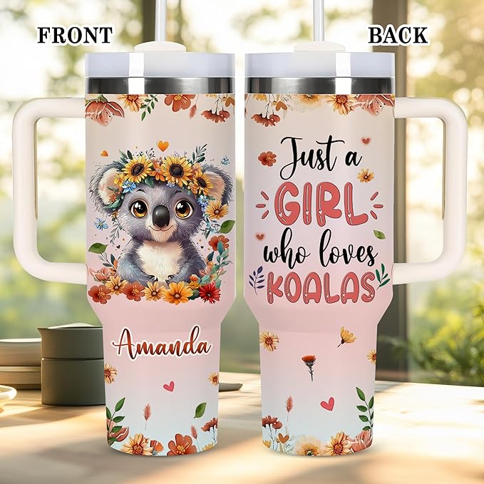 AGGLOMEKC Personalized Cute Koala Cup - Mother's Day Birthday Gift For Animal Lovers - Just A Girl Who Loves Koala Tumbler 40oz With Custom Name - Pet Lover Gifts For Women, Her