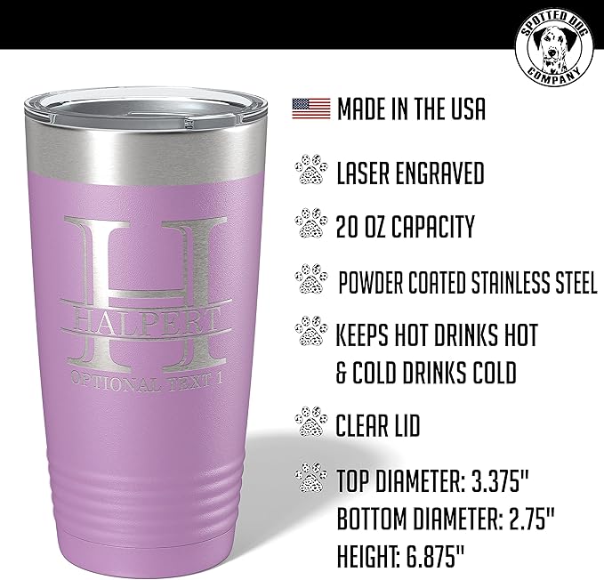 Personalized 20oz (17 Colors) Powder Coated Insulated Stainless Steel Tumbler with Lid, Custom Etched, Customized Engraved Gift Idea for Women Men Her Him, Halpert Monogram Initial Name (Light Purple)