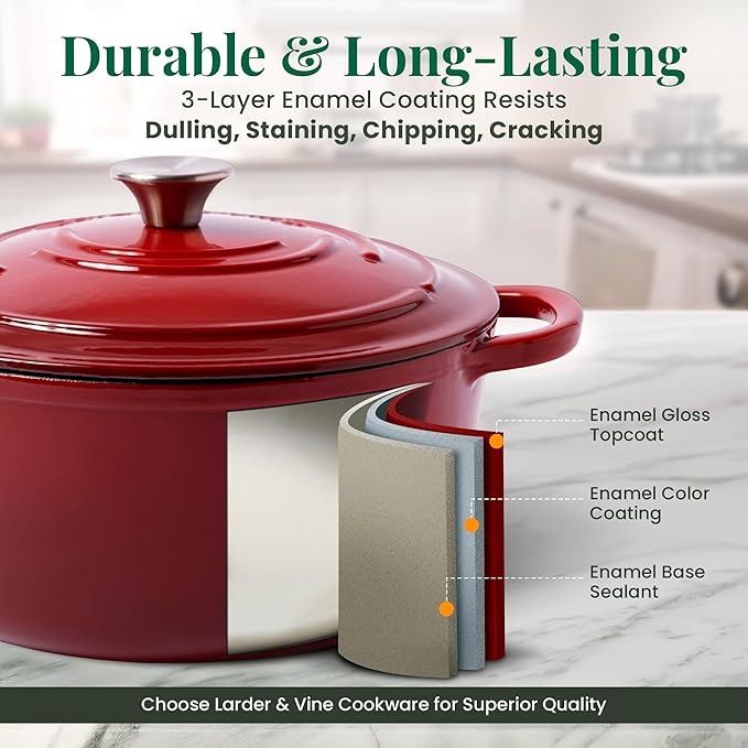 Larder & Vine Enameled Cast Iron Dutch Oven Pot with Lid | Bread Baking | Compatible on All Cooktops & Oven Safe to 500째 F | Great for Sourdough Bread | Cabernet