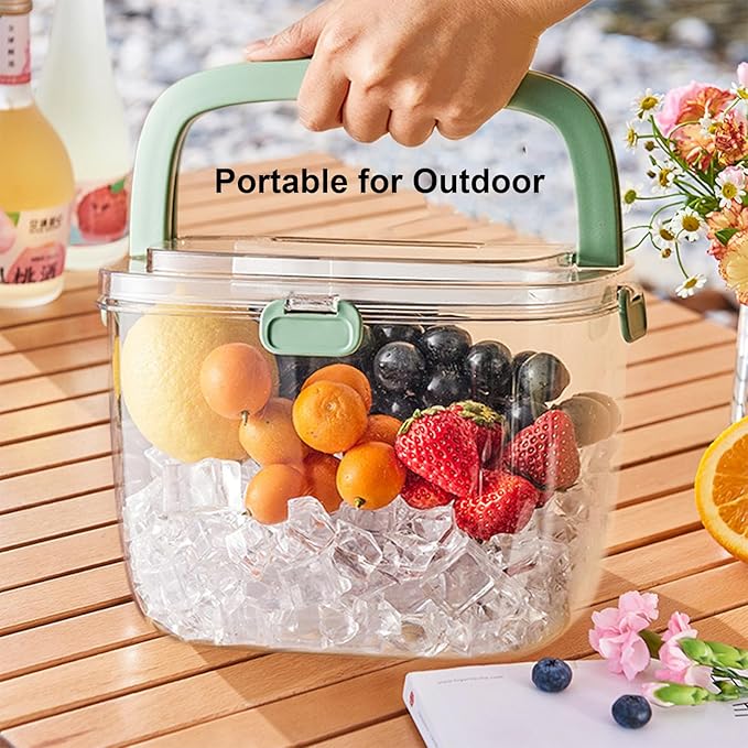 Portable Ice Bucket with Lid & Tong for Outdoor Camping, Clear Plastic Storage Bin for Freezer, Refrigerator, Whiskey, Wine, Cocktail Party, Big Cube Mold Tray for Ice Bath