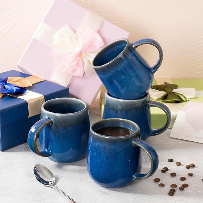 bestone Coffee Mugs Set of 4竊?5 oz Large Coffee Mugs, Ceramic Mugs with Handles,etc Coffee Mugs, Cups for Coffee Cereal Latte 竊똌icrowave & Dishwasher safe竊똃ark Blue