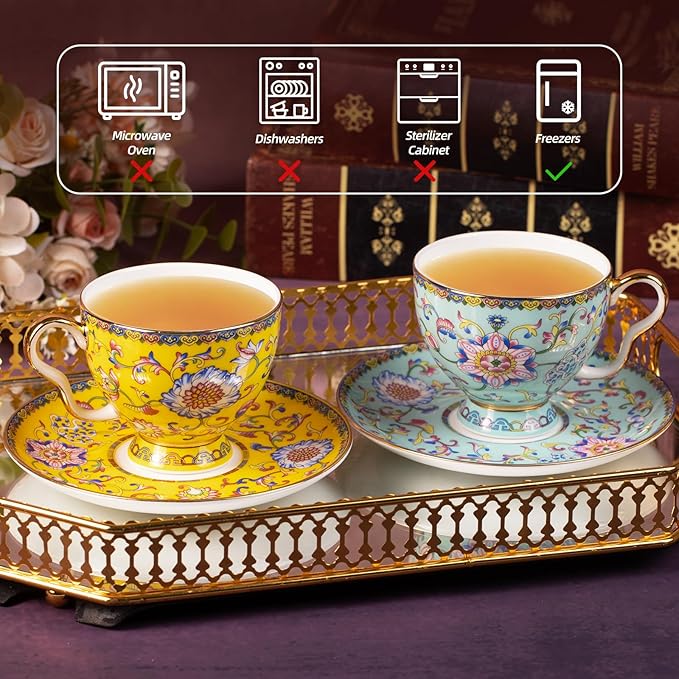 KAMMAK Tea Cups and Saucers Set of 2, Porcelain Coffee Cups with Saucer for Espresso, Cappuccino, 7.5oz Vintage Yellow and Blue Ceramic Novelty Mug for Home, Tea Party, Office