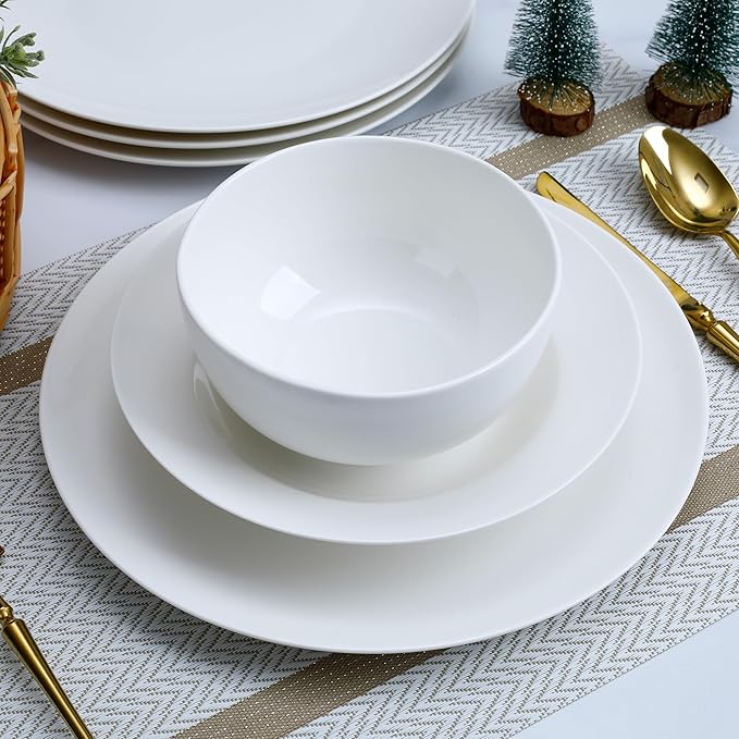 ArtClayz Elegant 12-Piece Bone China Dinnerware Set, Service for 4, White Porcelain Plates & Bowls, Chip Resistant, Dishwasher and Microwave Safe