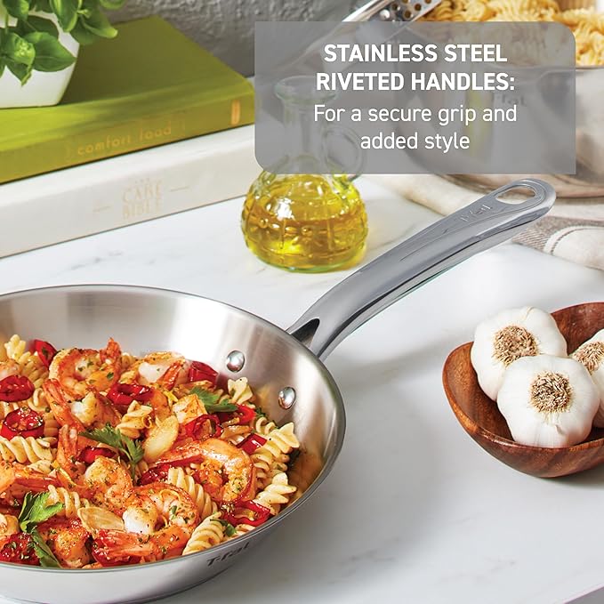 T-fal Stainless Steel Cookware Set, 11 Piece, Induction Cookware, Oven Safe to 500째F, Kitchen Cooking Set w/Fry Pans, Pots and Pans, Dutch Oven, Saucepans, Kitchen Essentials, Silver