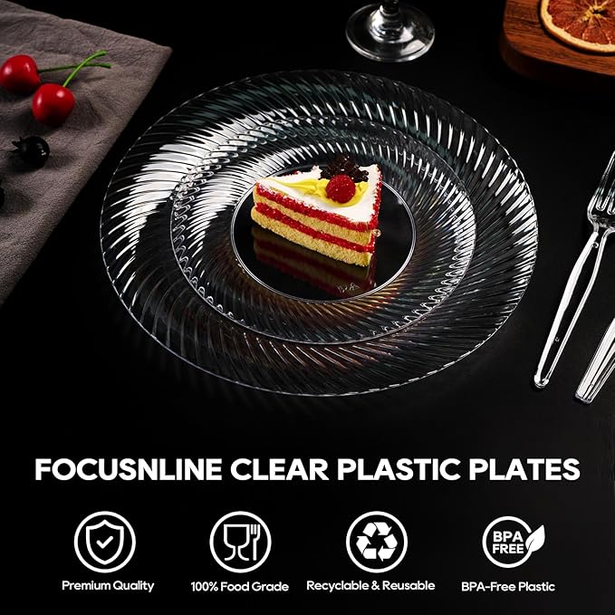 FOCUSLINE 10 Inch Clear Plastic Plates, 100 Count Disposable Heavy Duty Dinner Plates, Premium Hard Plastic for Weddings, Parties & Events