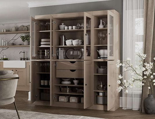 Palace Imports 100% Solid Wood Kitchen China Pantry Cabinet, 65" W - 4 Clear Glass & 4 Shaker Doors, Renewable Eco-Friendly Wood, Made in Brazil (Beige, 8 China/Shaker Doors | 2 Drawers)