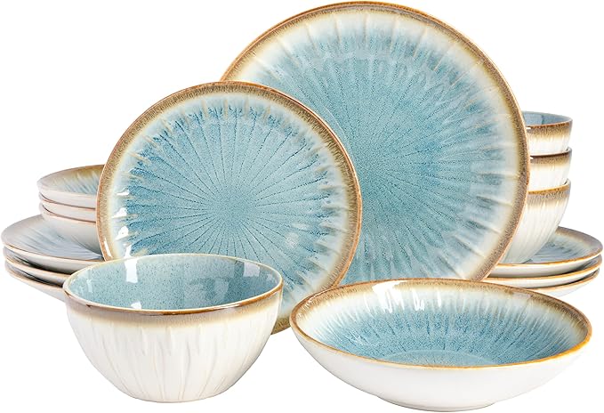Gibson Elite Mayfair Bay 16-Piece Embossed Double Bowl Dinnerware Set, Service for 4 ??Blue Stoneware Plates and Bowls