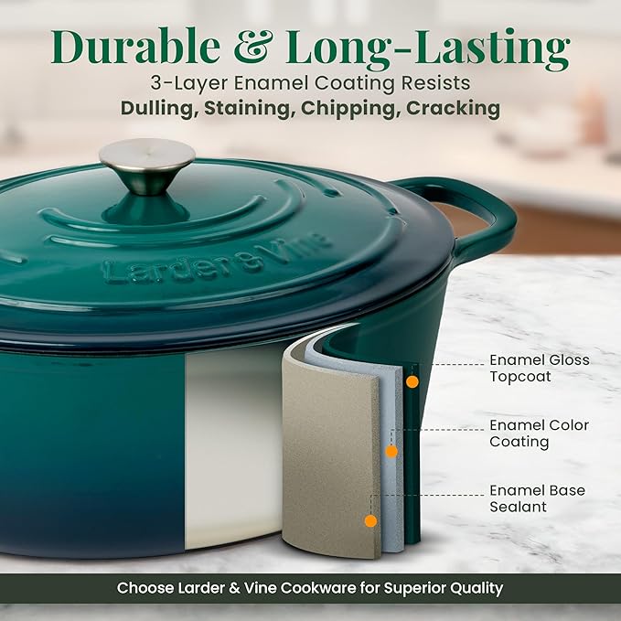 Larder & Vine Enameled Cast Iron 8 qt Dutch Oven Pot with Lid | Bread Baking | Compatible on All Cooktops & Oven Safe to 500째 F | Great for Sourdough Bread | Bondi