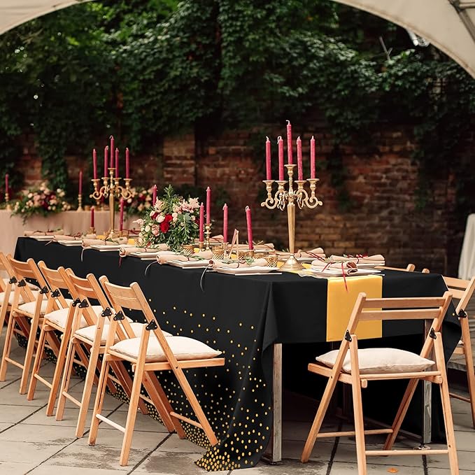 16Pack Disposable Plastic Tablecloths and Satin Table Runner Set Black Gold Dot Table Cloth Gold for Graduation Wedding Birthday Baby Shower Anniversary Holiday Party Decorations