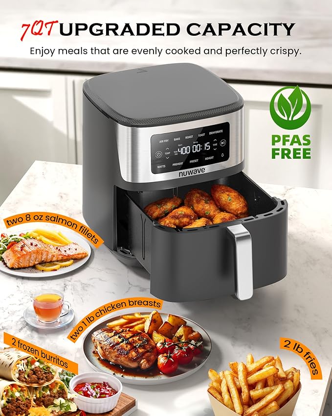 Nuwave Brio Plus 6-in-1 Air Fryer, 7-Qt Large Capacity, 50°F??00°F Precise Temp Control, Non-Toxic PFAS-Free Nonstick, Air Fry, Bake, Roast, Toast, Dehydrate, Reheat, 100 Presets, Dishwasher Safe