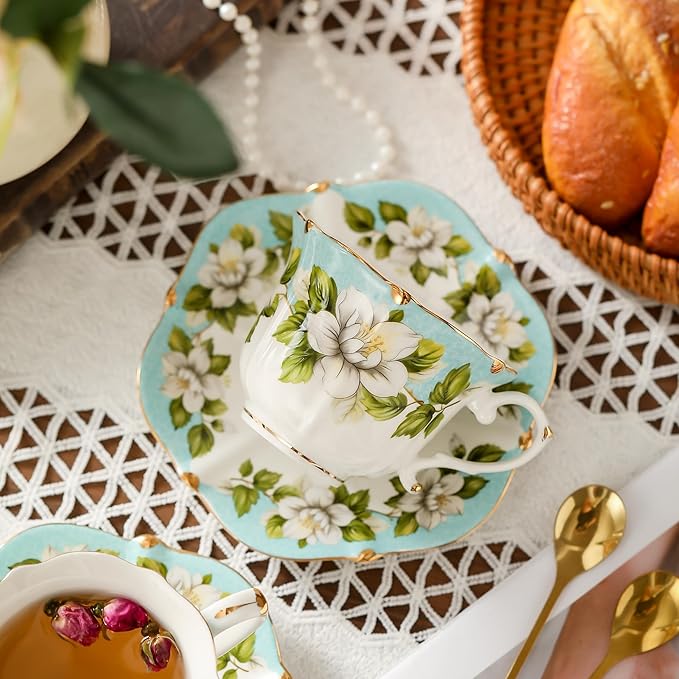 TATSUMI Country Roses Bone China Tea Cup and Saucer Set, 3 Pieces, Vintage Style, For Women and Tea Parties(Light Green, 1 set)