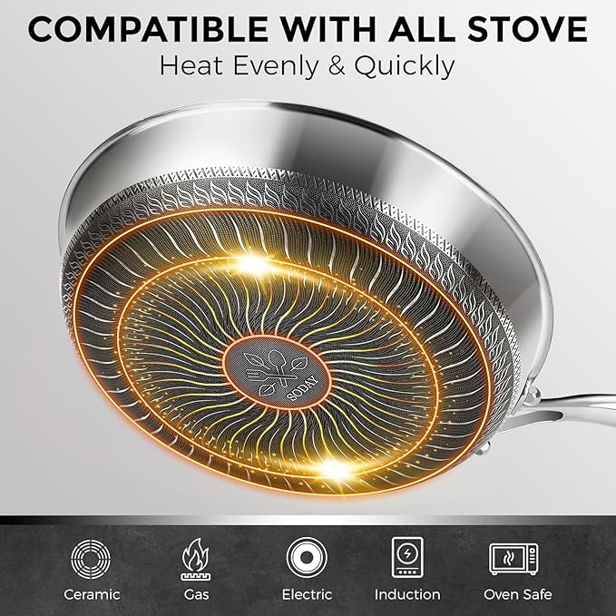 10.5 inch Frying Pan Nonstick with Lid, 2.5 Qt Deep Non Stick Stainless Steel Saut챕 Pan Skillet, Dishwasher and Oven Safe, Compatible with All Cooktops
