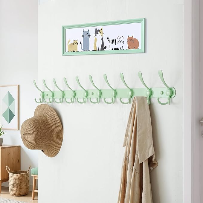 Dseap Coat Rack Wall Mount - 38??Long 10-Tri-Hooks Heavy Duty Coat Hanger Rail Wall Hooks for Hanging Coats Hats Clothing Clothes Purse Mudroom Entryway, Green