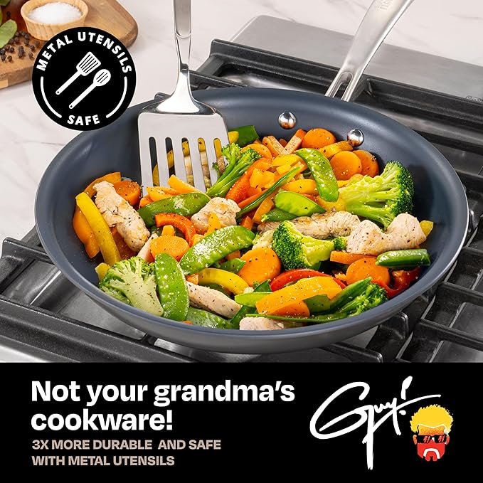 Guy Fieri's Flavortown Laser Titanium 12??Fry Pan with Lid - Non-stick Cookware Without PFAS, PTFE, or PFOA, 3x More Durable, Dishwasher Safe, Oven Safe