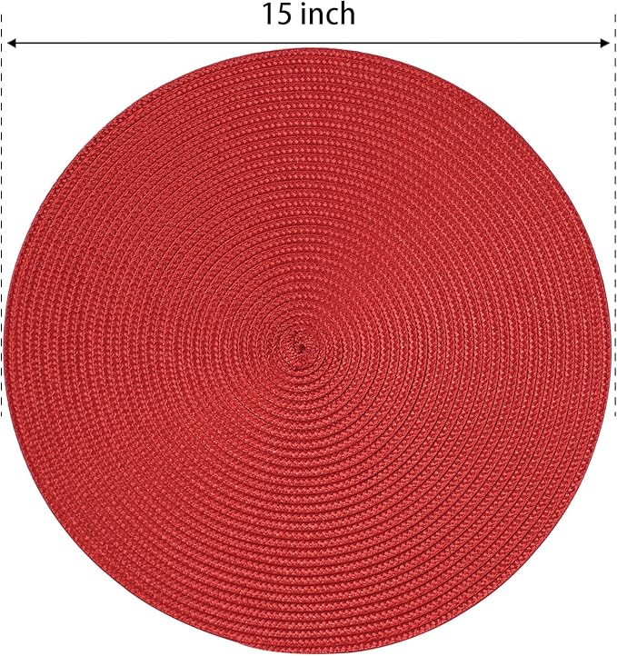 FunWheat Round Braided Placemats Set of 6 Table Mats for Dining Tables Woven Washable Non-Slip Place mats 15 inch (red, 6pcs)