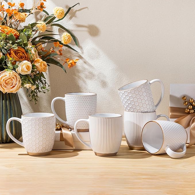 GBhome Large Coffee Mugs Set of 4, 16oz Handmade Embossed Coffee Mugs Set with Large Handle for Cappuccino/Latte/Tea/Hot Cocoa, Dishwasher & Microwave Safe, Off White