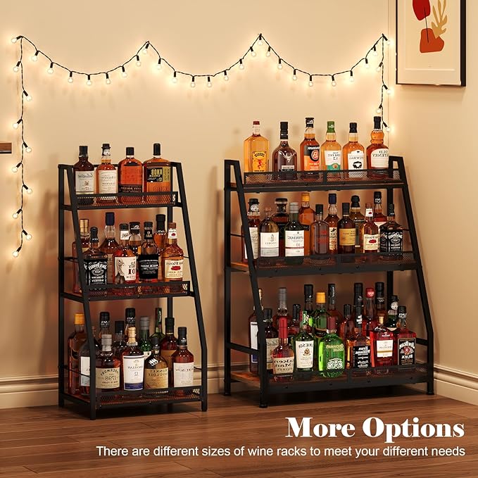 3-Tier (Safe Height for Kids & Pets) Expanded Liquor Stand, Trapezoid Wine Rack Freestanding Floor, Large-Capacity Bar Stand for Liquor Whiskey Wine Storage, Vintage Liquor Cabinet Bar for Home